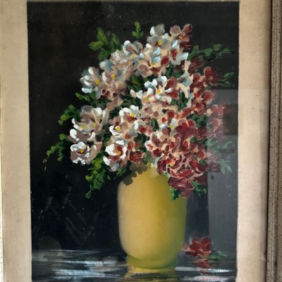 Acquerello su carta natura morta mazzo di fiori vaso giallo XX secolo Devilliers