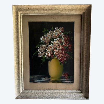 Acquerello su carta natura morta mazzo di fiori vaso giallo XX secolo Devilliers