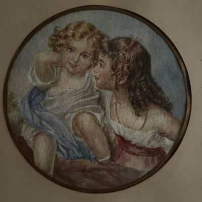 Aquarelle sur papier 2 jeunes enfants fin XIXe cadre doré