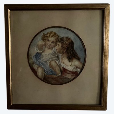 Aquarelle sur papier 2 jeunes enfants fin XIXe cadre doré
