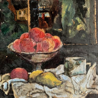 Oil on canvas 20th century still life with fruit and cloth, whitewashed frame