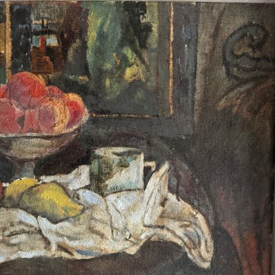 Oil on canvas 20th century still life with fruit and cloth, whitewashed frame