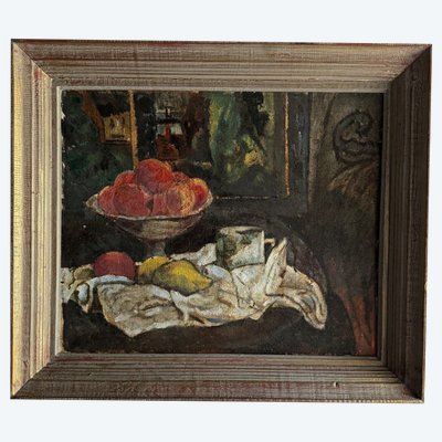 Oil on canvas 20th century still life with fruit and cloth, whitewashed frame