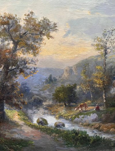 Old HST painting: "Animated pastoral landscape" signed Duperay filigraneantiquite