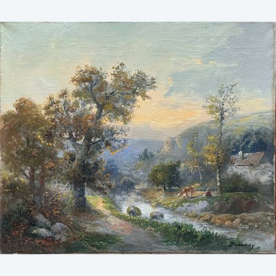 Old HST painting: "Animated pastoral landscape" signed Duperay filigraneantiquite