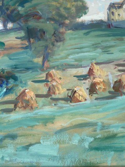 Watercolor by Paul Paquereau haystacks 20th century