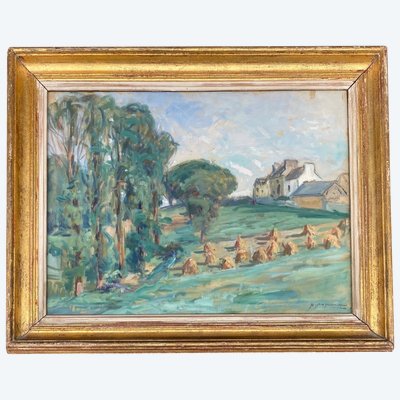 Watercolor by Paul Paquereau haystacks 20th century