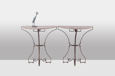 Pair of half-moon shaped console tables. Work of art craftsman. LS63791912B