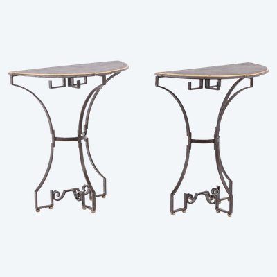 Pair of half-moon shaped console tables. Work of art craftsman. LS63791912B