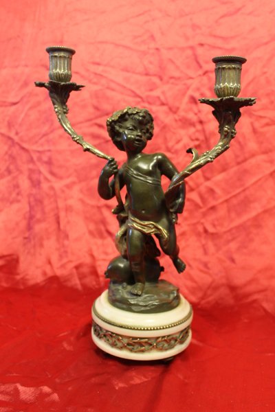 Pair of bronze and marble candelabra candlesticks signed by Clodion, 19th century