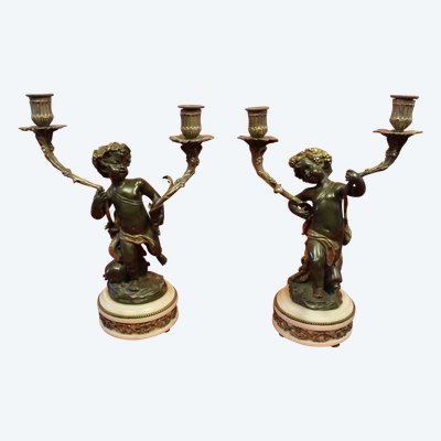 Pair of bronze and marble candelabra candlesticks signed by Clodion, 19th century