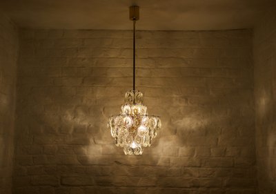 Midcentury brass and crystal chandelier