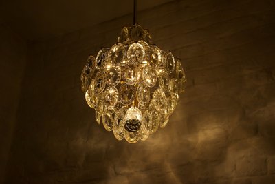 Midcentury brass and crystal chandelier