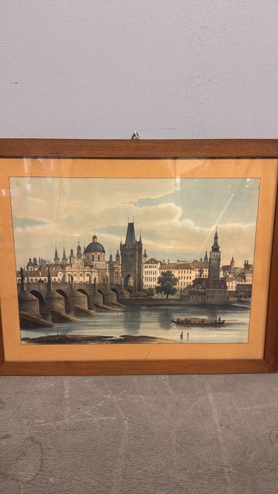 Oléographe ancien de la fin du XIXe siècle, Pont Charles, Prague, 57x45