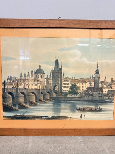 Oléographe ancien de la fin du XIXe siècle, Pont Charles, Prague, 57x45