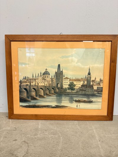 Oléographe ancien de la fin du XIXe siècle, Pont Charles, Prague, 57x45