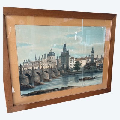 Oléographe ancien de la fin du XIXe siècle, Pont Charles, Prague, 57x45