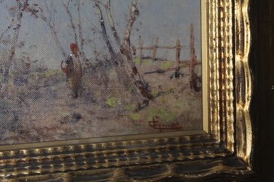 Tableau ancien de la fin du XIXe siècle de l'école impressionniste. Paysage signé. Cadre doré. Taille 42 x 4