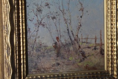 Tableau ancien de la fin du XIXe siècle de l'école impressionniste. Paysage signé. Cadre doré. Taille 42 x 4