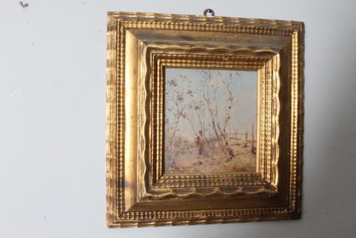 Tableau ancien de la fin du XIXe siècle de l'école impressionniste. Paysage signé. Cadre doré. Taille 42 x 4