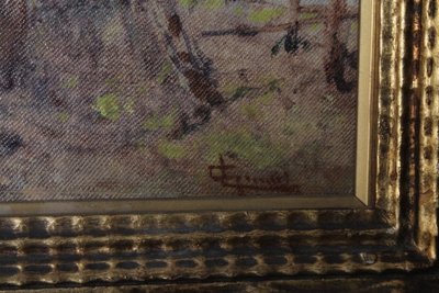 Tableau ancien de la fin du XIXe siècle de l'école impressionniste. Paysage signé. Cadre doré. Taille 42 x 4