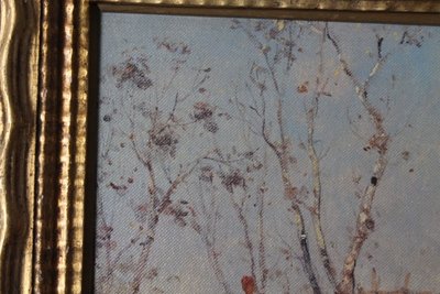 Tableau ancien de la fin du XIXe siècle de l'école impressionniste. Paysage signé. Cadre doré. Taille 42 x 4