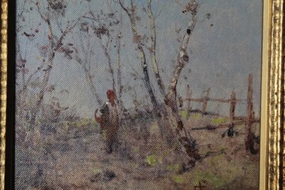 Tableau ancien de la fin du XIXe siècle de l'école impressionniste. Paysage signé. Cadre doré. Taille 42 x 4