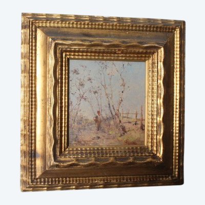 Tableau ancien de la fin du XIXe siècle de l'école impressionniste. Paysage signé. Cadre doré. Taille 42 x 4