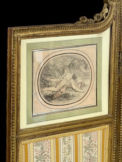 ANTIQUE SCREEN WITH 3 LEAVES IN CARVED AND GILDED WOOD WITH 19TH CENTURY ENGRAVINGS