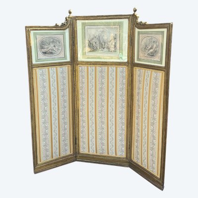 ANTIQUE SCREEN WITH 3 LEAVES IN CARVED AND GILDED WOOD WITH 19TH CENTURY ENGRAVINGS