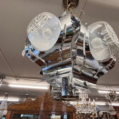Lampadario Chandelier Mazzega anni 70 vetro e acciaio – sei luci  . Modernariato – design . h 50