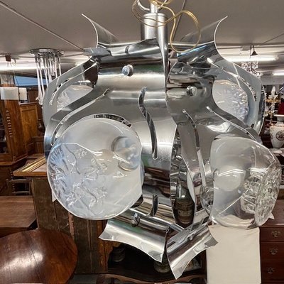 Lampadario Chandelier Mazzega anni 70 vetro e acciaio – sei luci  . Modernariato – design . h 50