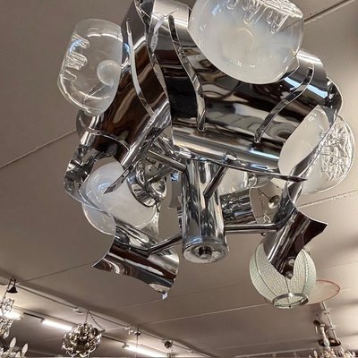 Lampadario Chandelier Mazzega anni 70 vetro e acciaio – sei luci  . Modernariato – design . h 50