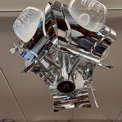 Lampadario Chandelier Mazzega anni 70 vetro e acciaio – sei luci  . Modernariato – design . h 50