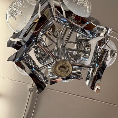 Lampadario Chandelier Mazzega anni 70 vetro e acciaio – sei luci  . Modernariato – design . h 50