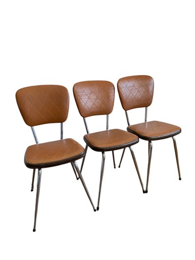 3er Set verchromte Kunstlederstühle aus den 70er Jahren