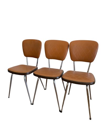 3er Set verchromte Kunstlederstühle aus den 70er Jahren