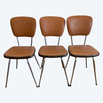 3er Set verchromte Kunstlederstühle aus den 70er Jahren