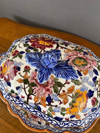 Gien Soup Tureen and Platter, Peony Decor, 20th Century