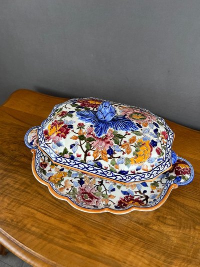 Gien Soup Tureen and Platter, Peony Decor, 20th Century
