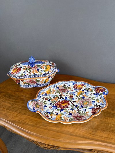 Gien Soup Tureen and Platter, Peony Decor, 20th Century