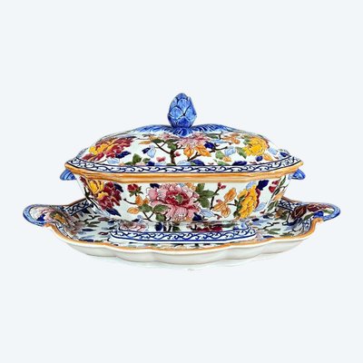 Gien Soup Tureen and Platter, Peony Decor, 20th Century
