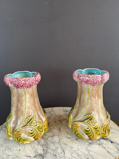 Pair Of Art Nouveau Style Vases In 20th Century Earthenware