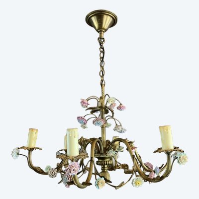 Lampadario floreale in porcellana e ottone del XX secolo