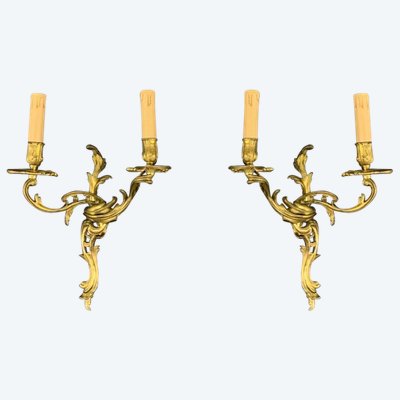 Pair Of Louis XV Style Gilded Bronze Sconces 20th Century
