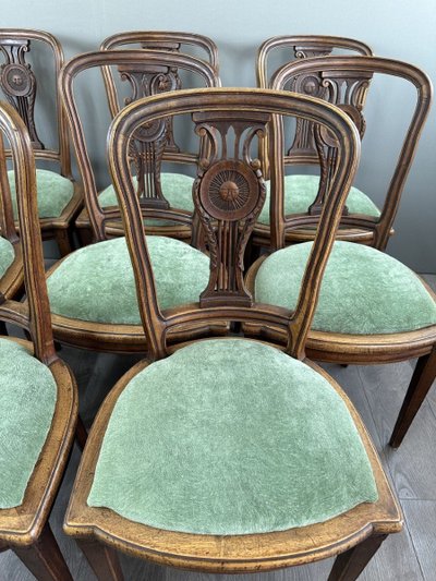 8 Chaises Vintage En Bois Avec Assise En Velours Vert XXe Siècle