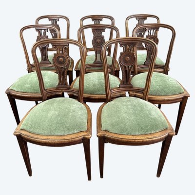 8 Chaises Vintage En Bois Avec Assise En Velours Vert XXe Siècle