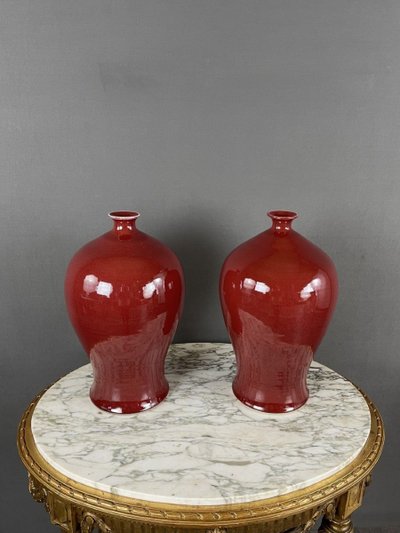 Pair Of Red Ceramic Vases, 20th Century
