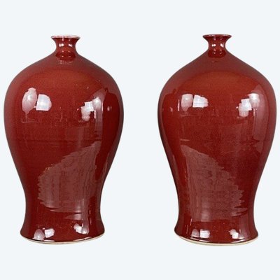 Pair Of Red Ceramic Vases, 20th Century