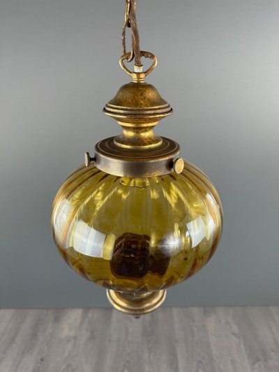 Paire De Suspensions Lanternes Vintage En Verre Soufflé Ambre, XXe Siècle